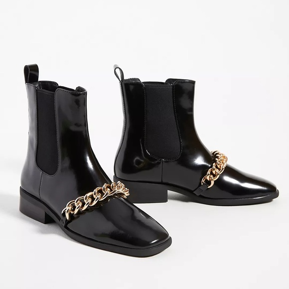 Jeffrey Campbell Shoes - JEFFREY CAMPBELL Emrys Chelsea Boots Black High Shine Leather Gold Chain Size 6